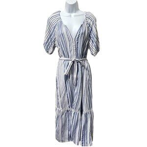 Old Navy Dress Womens Sz Med Stripe Tie Belt Blue White Open Lace Prairie Midi